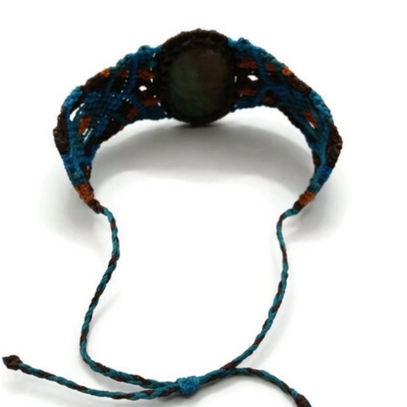Handmade Bracelet Woven in Macrame Thread and Turquoise Natural Stone Spiritual - Picture 3 of 9